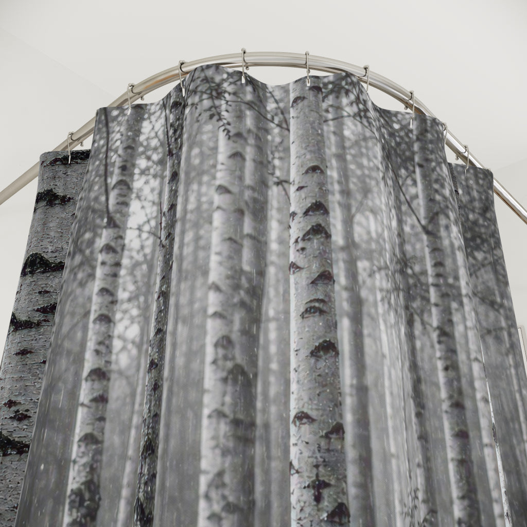 Black White Birch Rain Photo Shower Curtain