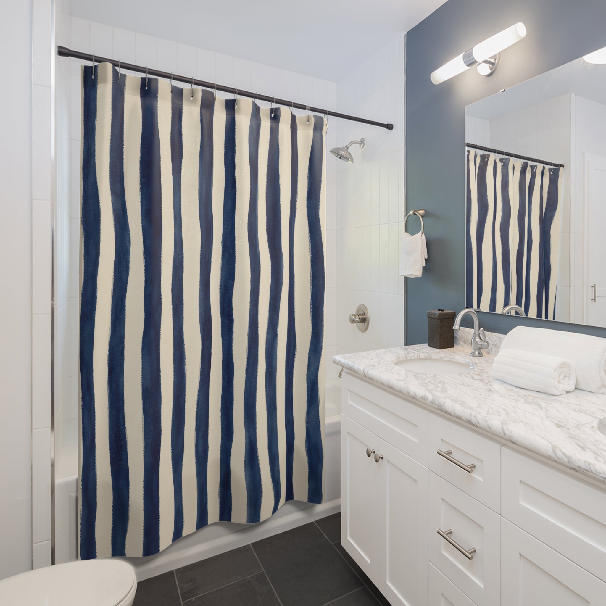 Navy Blue Cream Wavy Stripe Shower Curtain