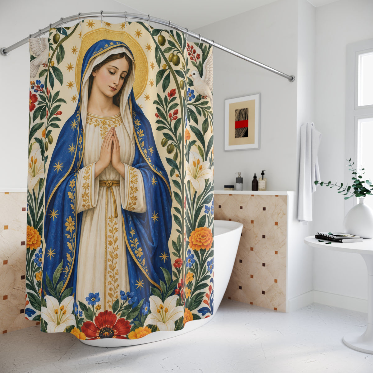 Praying Virgin Mary with folk flowers and white doves shower curtain beside a freestanding tub