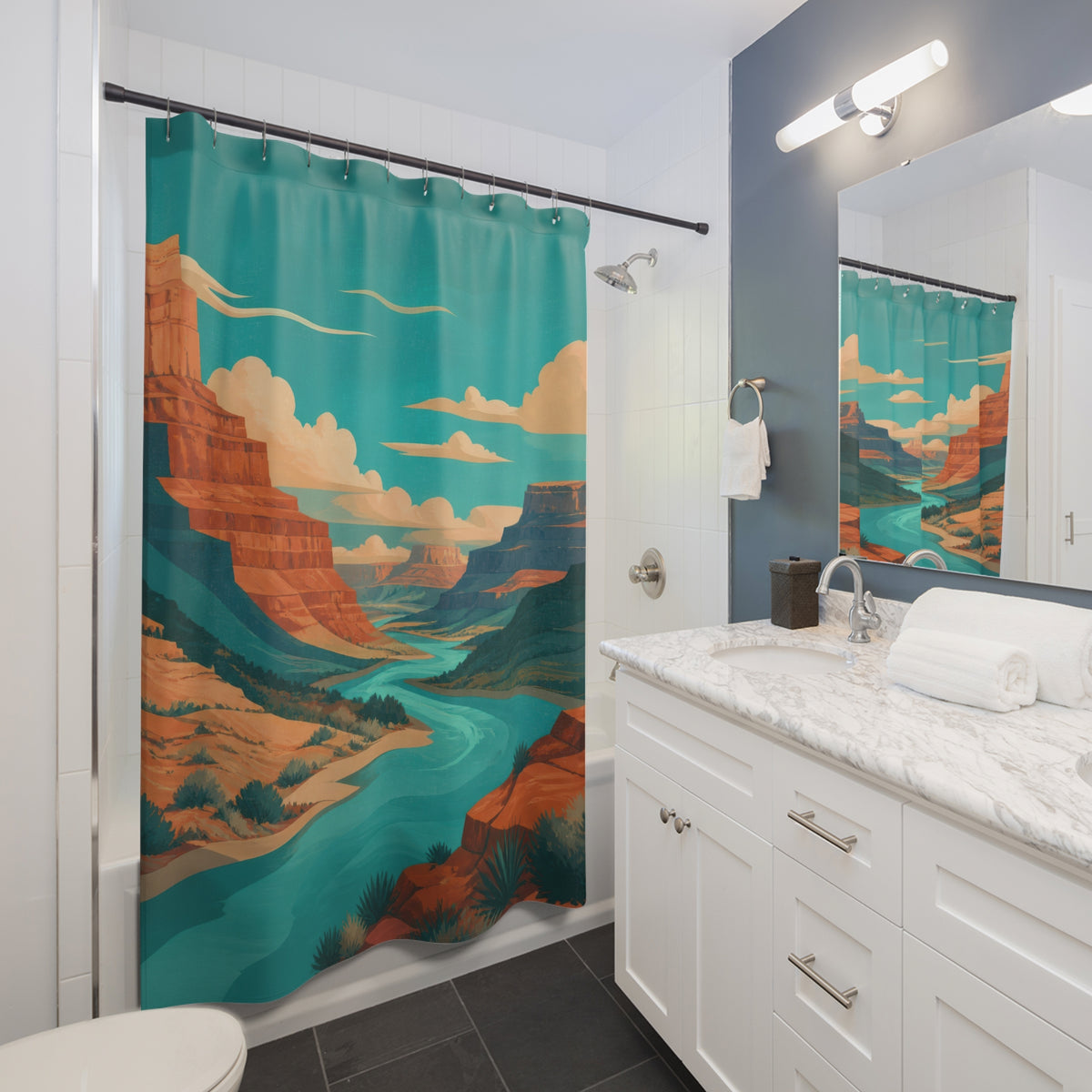 Turquoise river winding through a terracotta desert canyon shower curtain beside a white vanity