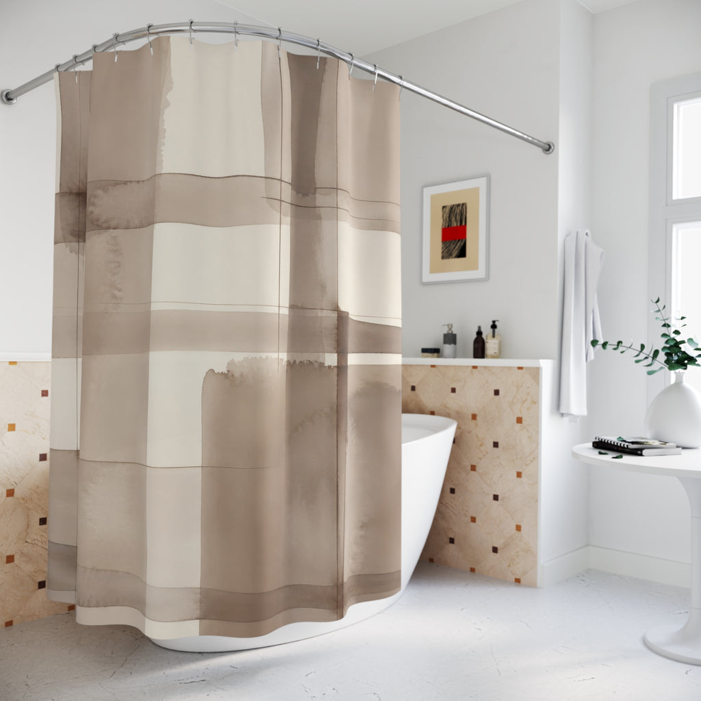 Oversized taupe watercolor windowpane check pattern shower curtain beside a freestanding tub