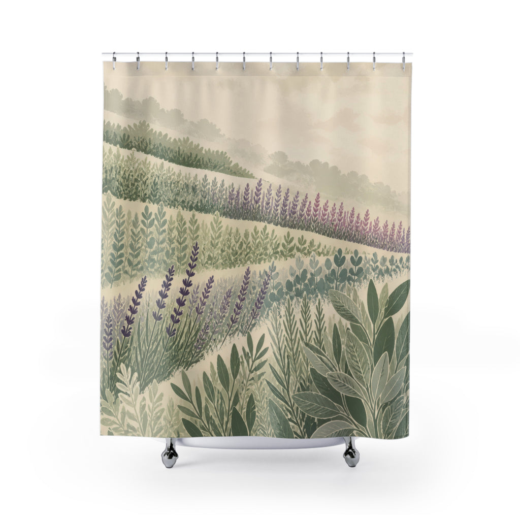 Sage terraces and lavender fields beneath a softly lit sky shower curtain with full front view