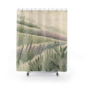 Sage terraces and lavender fields beneath a softly lit sky shower curtain with full front view