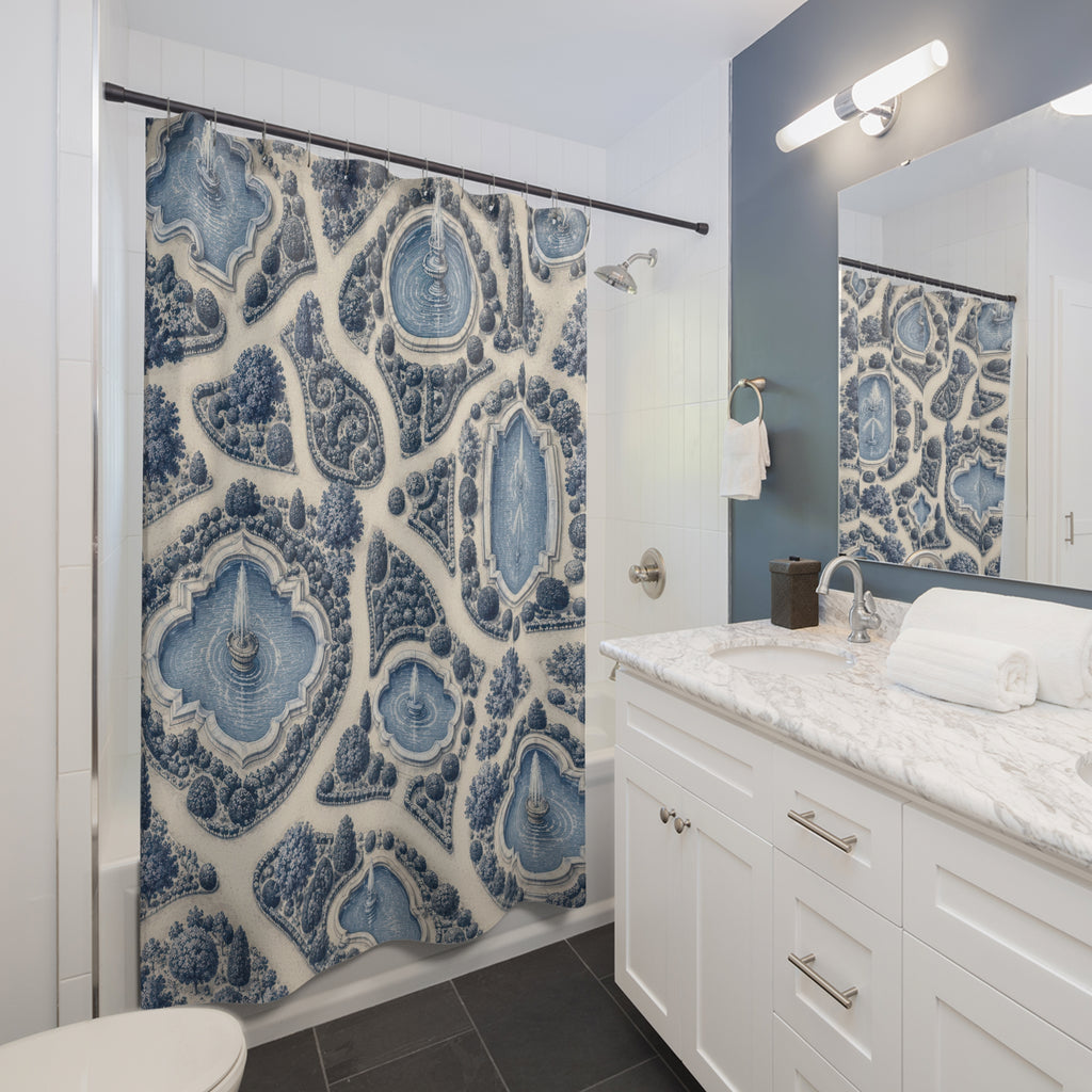 Blue fountain pools and clipped gardens with ivory paths shower curtain beside a white vanity