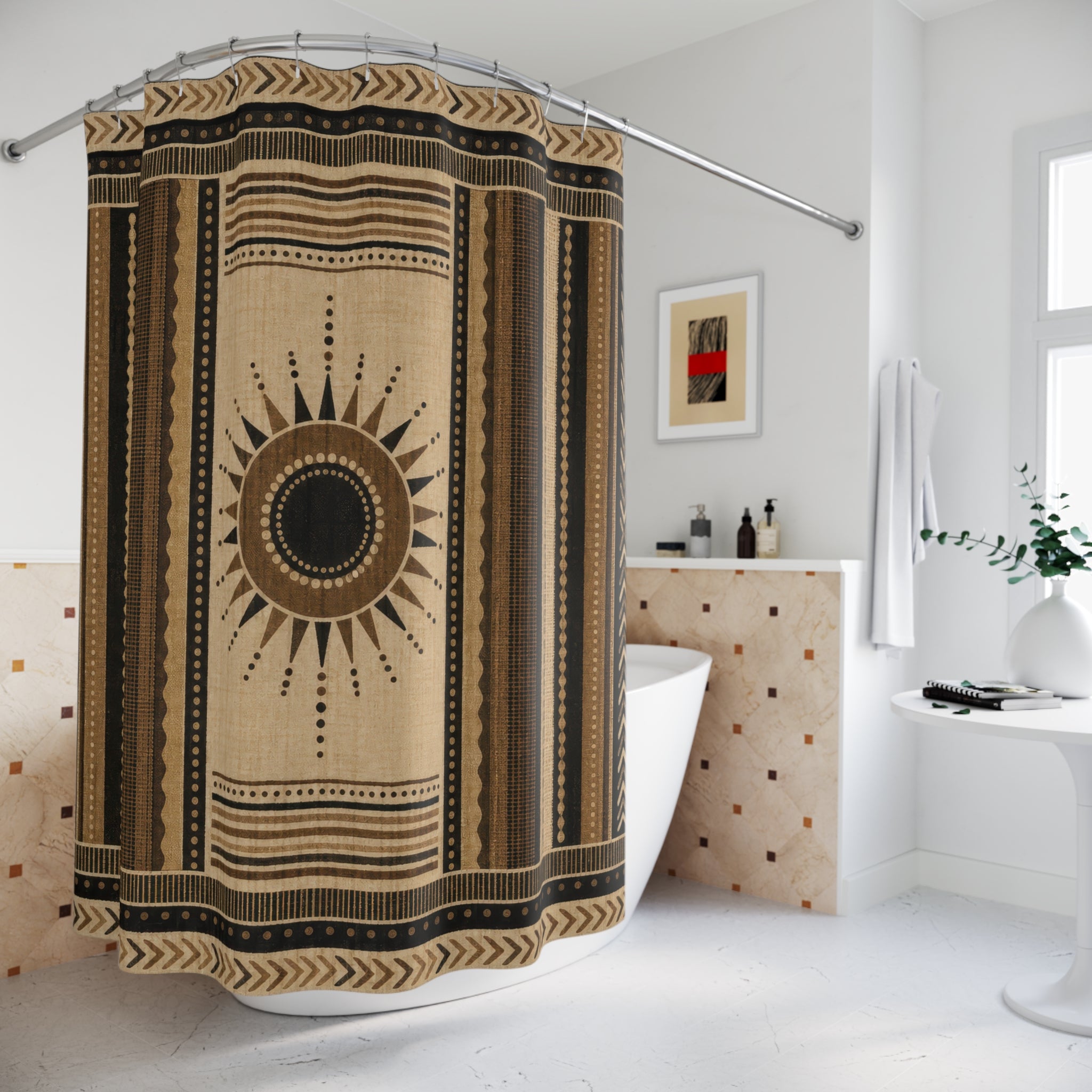 Southwestern Shower Curtain, Black Brown Boho Bath Decor, Cream Sun Medallion Stripe Pattern, Western Neutral Guest Bathroom Decor Style