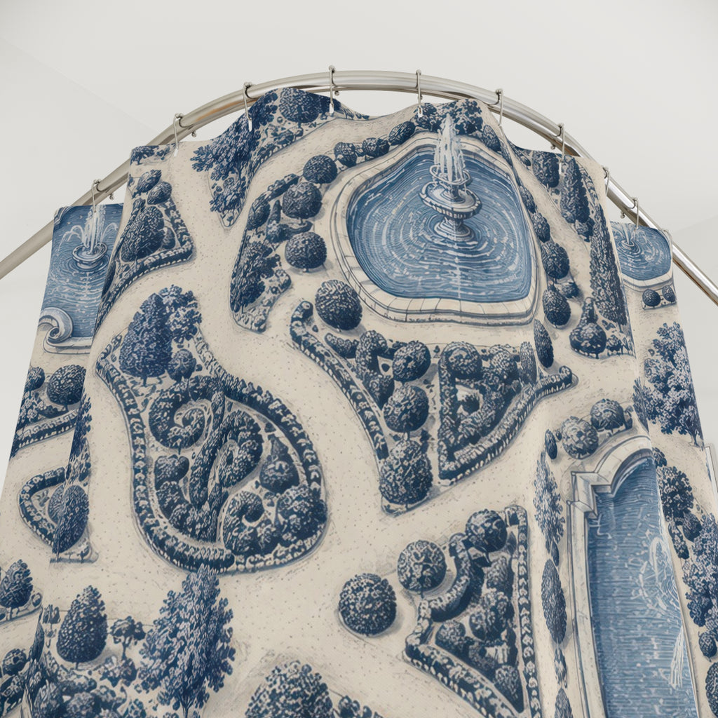 Blue fountain pools and clipped gardens with ivory paths shower curtain with close-up print, hooks, and folds