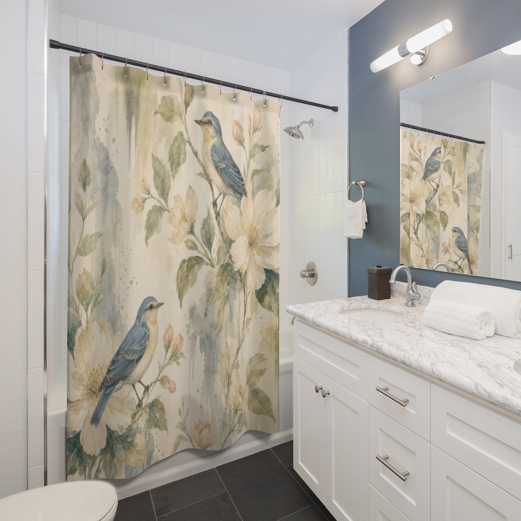 Blue Bird Botanical Watercolor Floral Shower Curtain