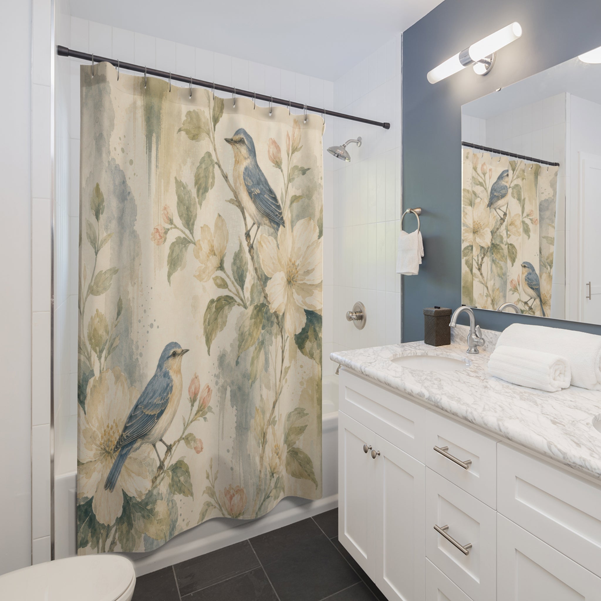 Blue Bird Botanical Watercolor Floral Shower Curtain