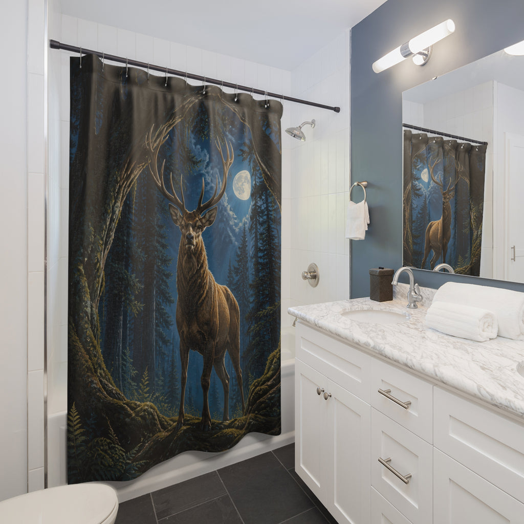 Moonlit woodland stag beneath a cedar arch shower curtain beside a white vanity