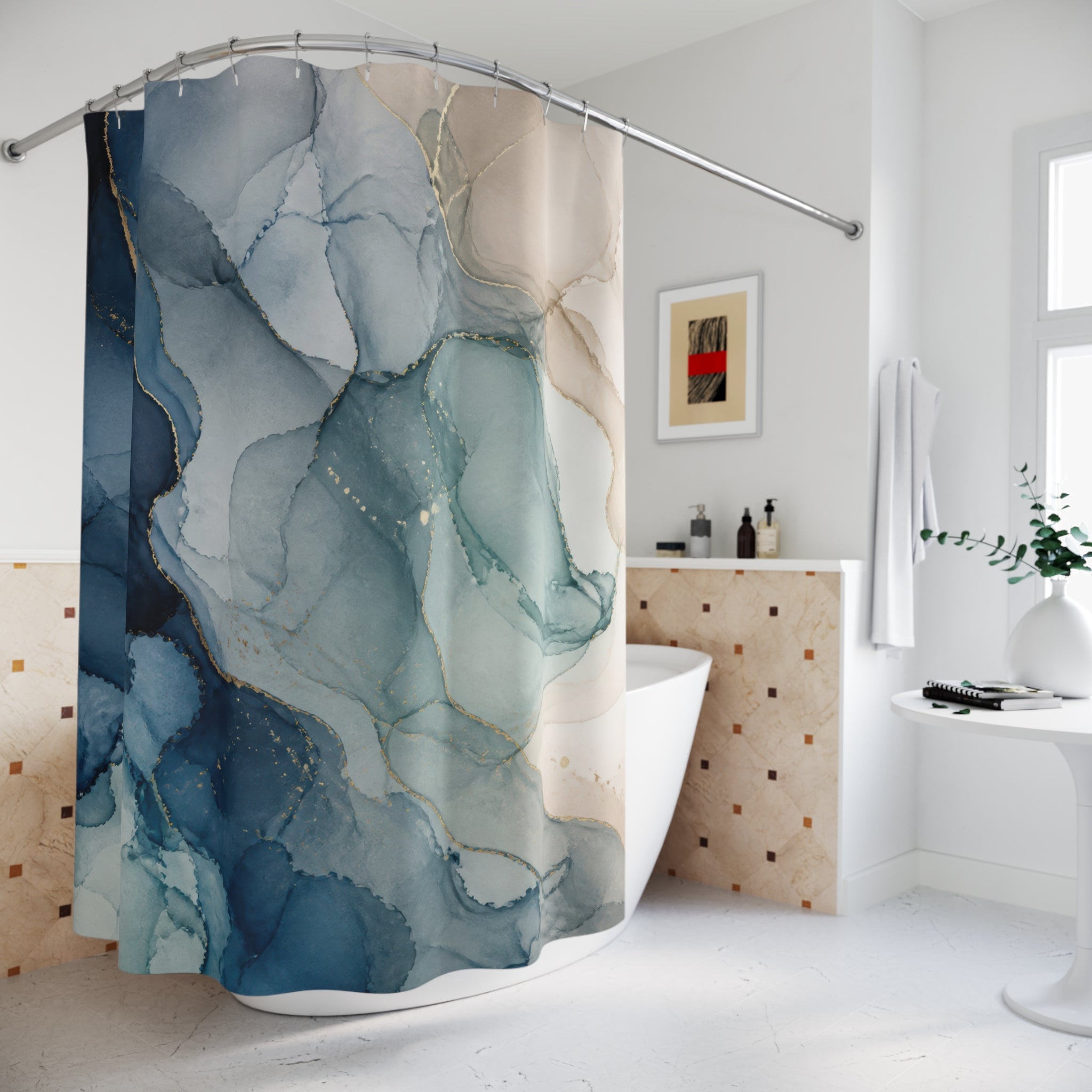 Navy Aqua Alcohol Ink Abstract Shower Curtain