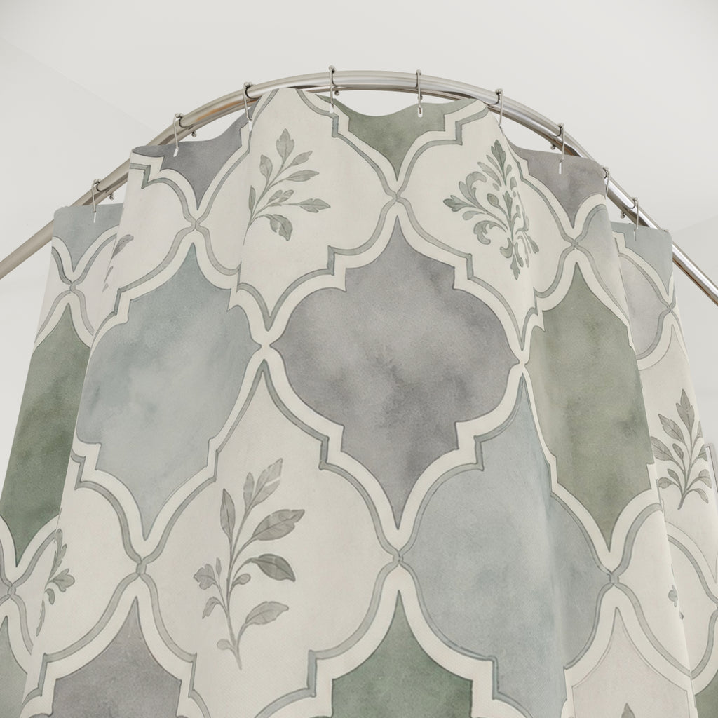 Green Grey Tile Shower Curtain, Green Grey Classic Bathroom Decor, Tile Floral Bath Curtain, Guest Bath Decor, Small Bathroom Decor