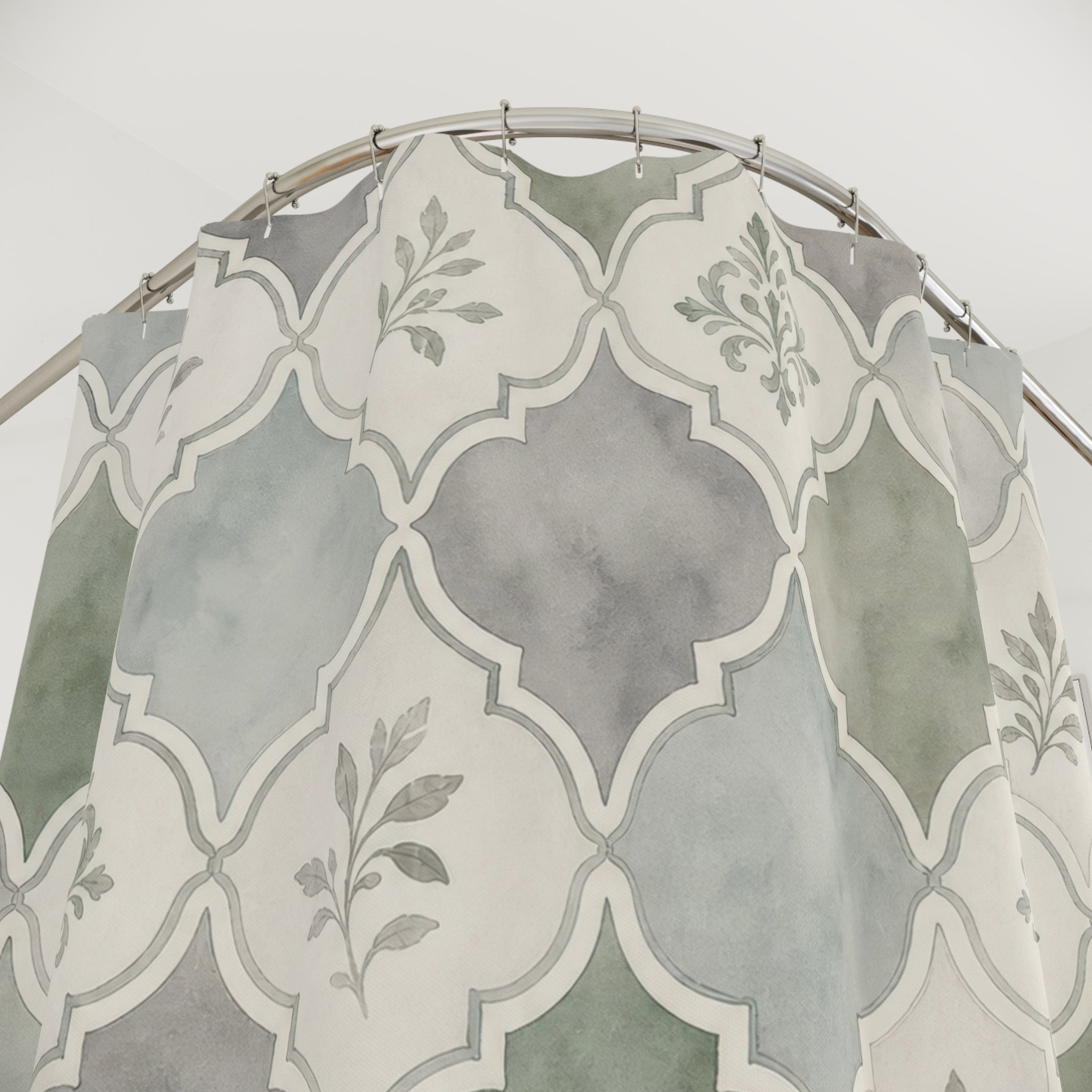 Green Grey Tile Shower Curtain, Green Grey Classic Bathroom Decor, Tile Floral Bath Curtain, Guest Bath Decor, Small Bathroom Decor