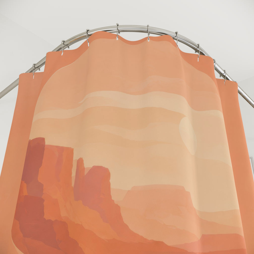 Peach desert canyon portals shower curtain with close-up print, hooks, and folds