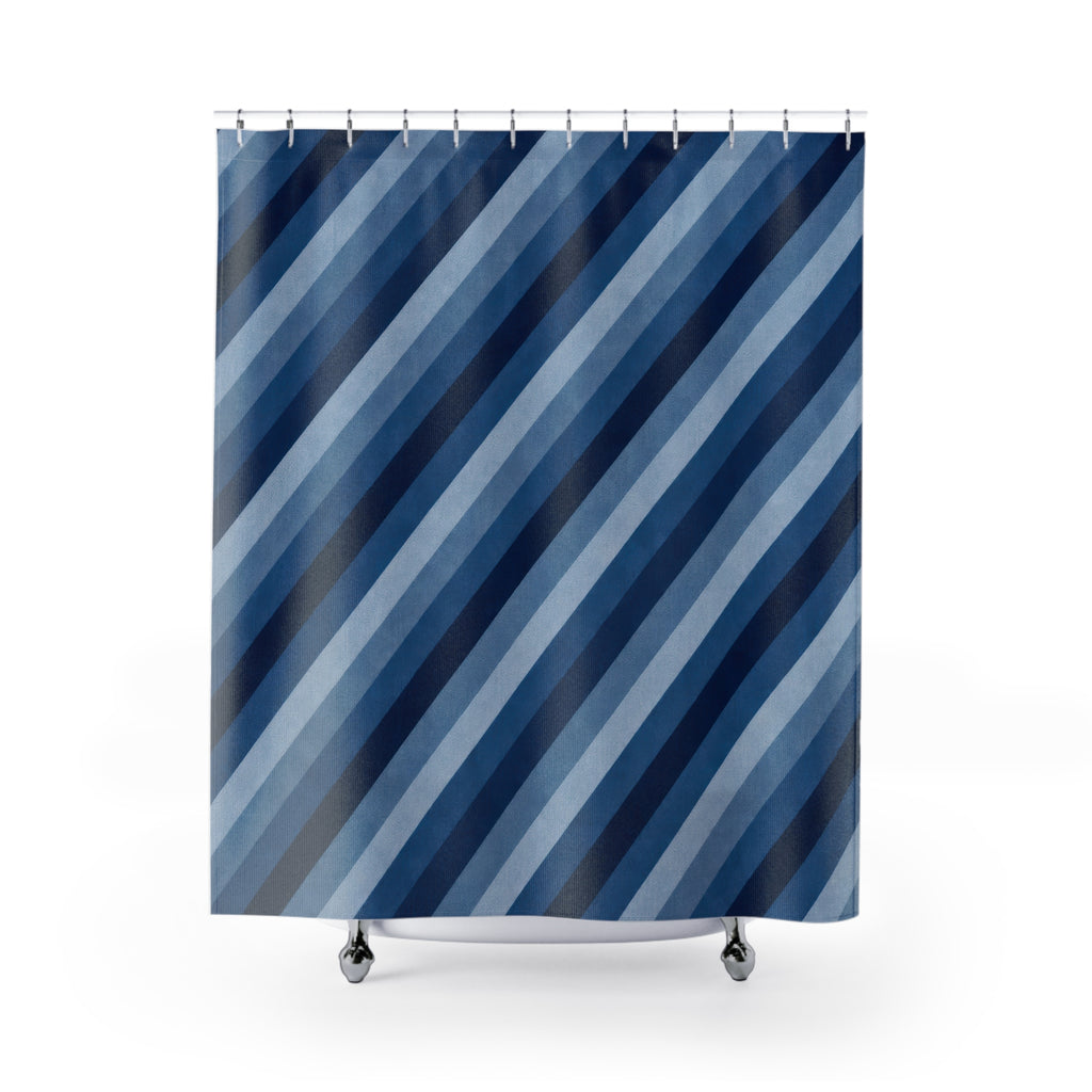 Navy Cobalt Diagonal Stripe Shower Curtain