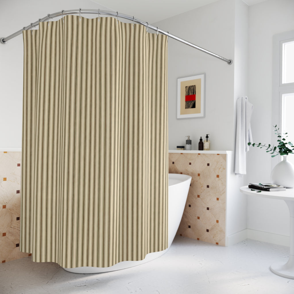 Ticking Stripe Shower Curtain, Tan Cream Farmhouse Bath Decor, Dense Beige Vertical Line Pattern, Warm Neutral Guest Bathroom Style