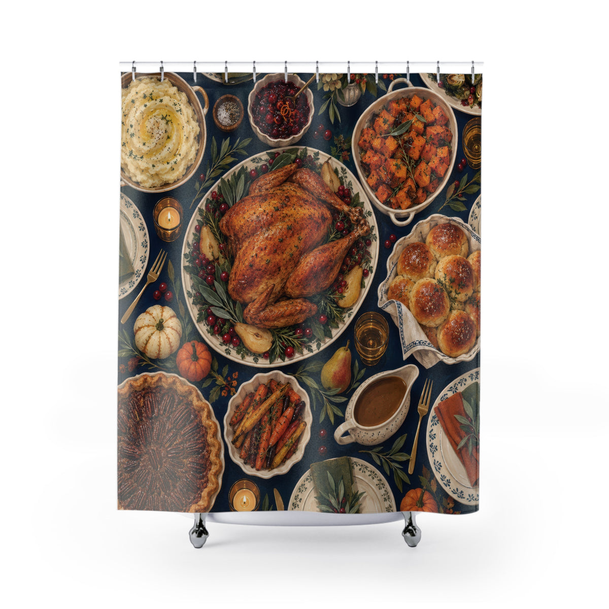 Roast turkey feast with cream dishes on navy shower curtain with full front view