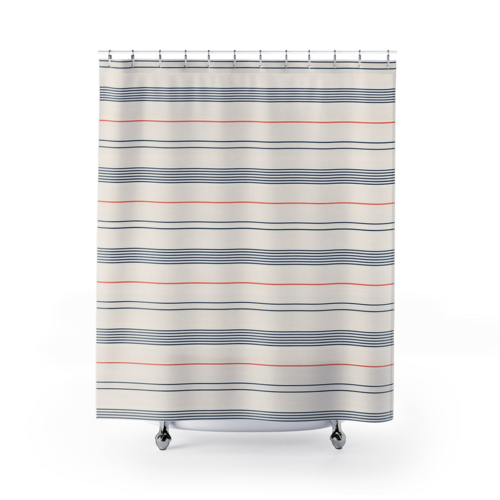 Fine navy line bands and single coral stripes on cream shower curtain with full front view