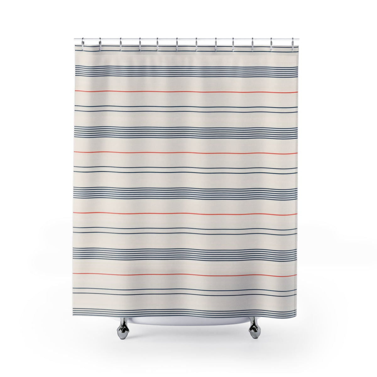 Fine navy line bands and single coral stripes on cream shower curtain with full front view
