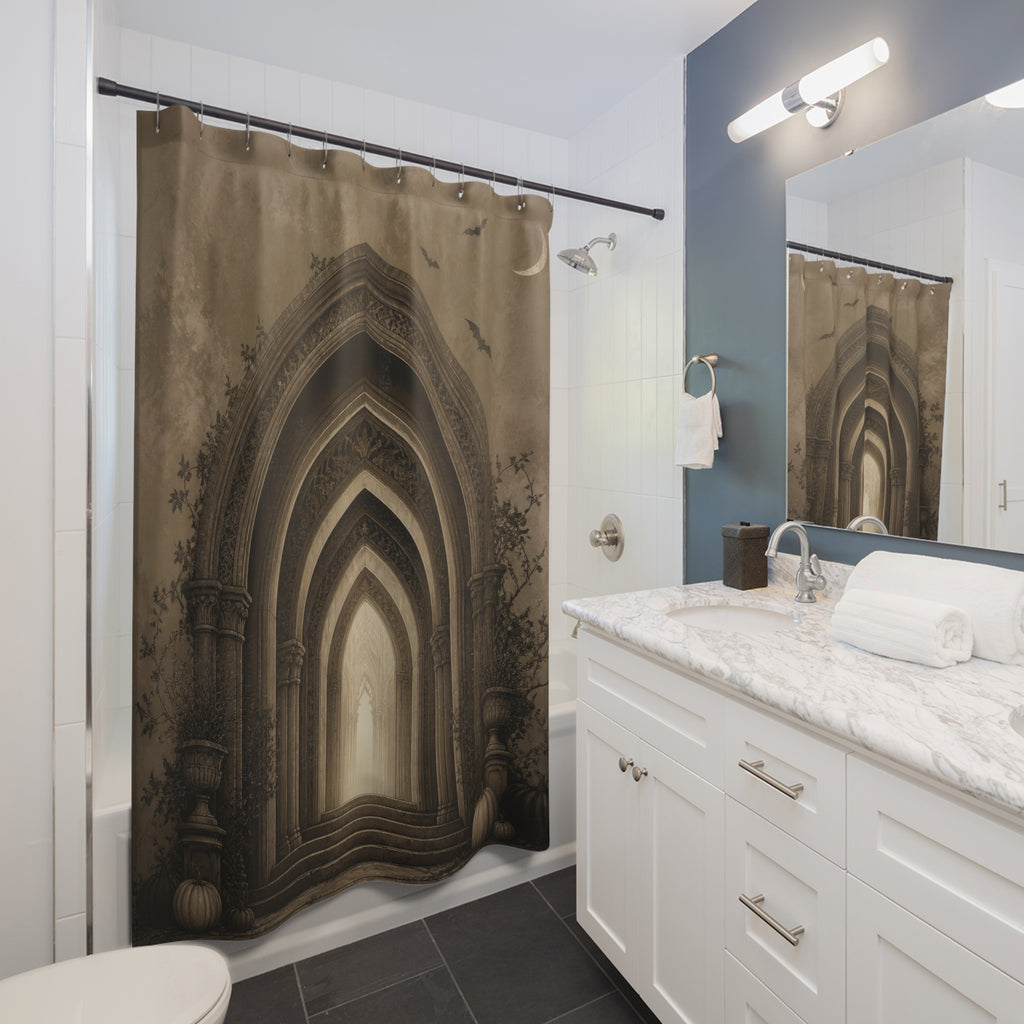 Taupe Gothic archway with crescent moon bats vines and pumpkins shower curtain beside a white vanity