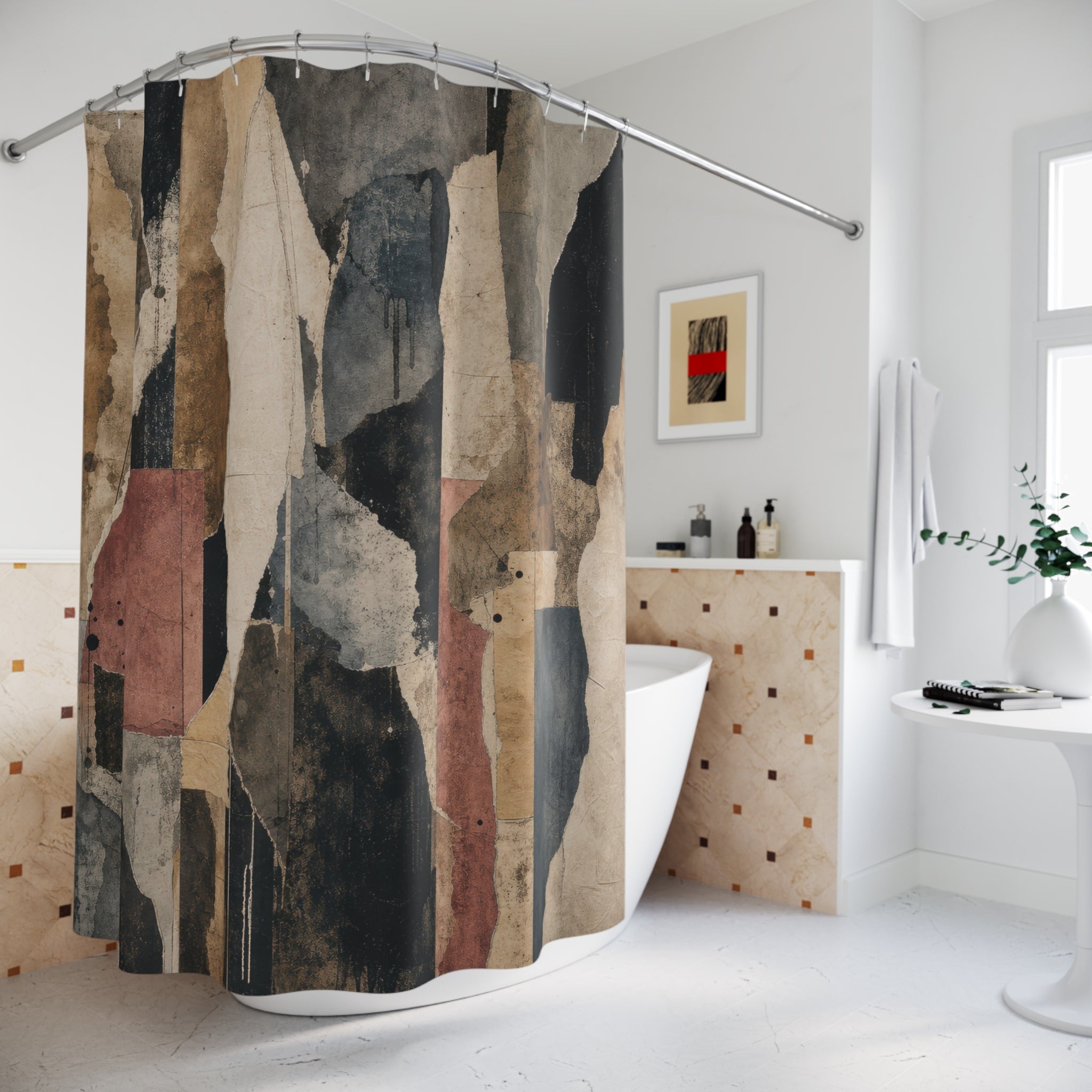 Abstract Shower Curtain, Grey Beige Architectural Blocks, Soft Pink Teal Modern Art Bath Decor, Neutral Geometric Guest Bathroom, Soft Bath
