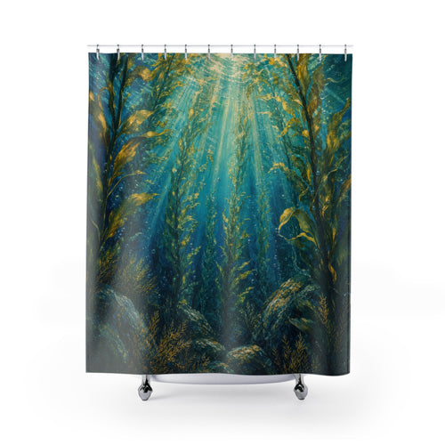 Acrylic Kelp Forest green blue shower curtain with full front view