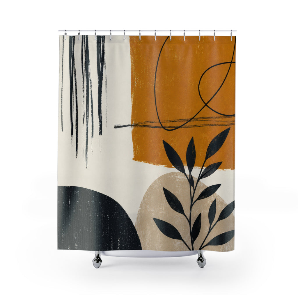Mustard Abstract Shower Curtain, Black and Beige Botanical Line Art, Modern Minimalist Bathroom Decor, Artsy Ochre Guest Bath Curtain