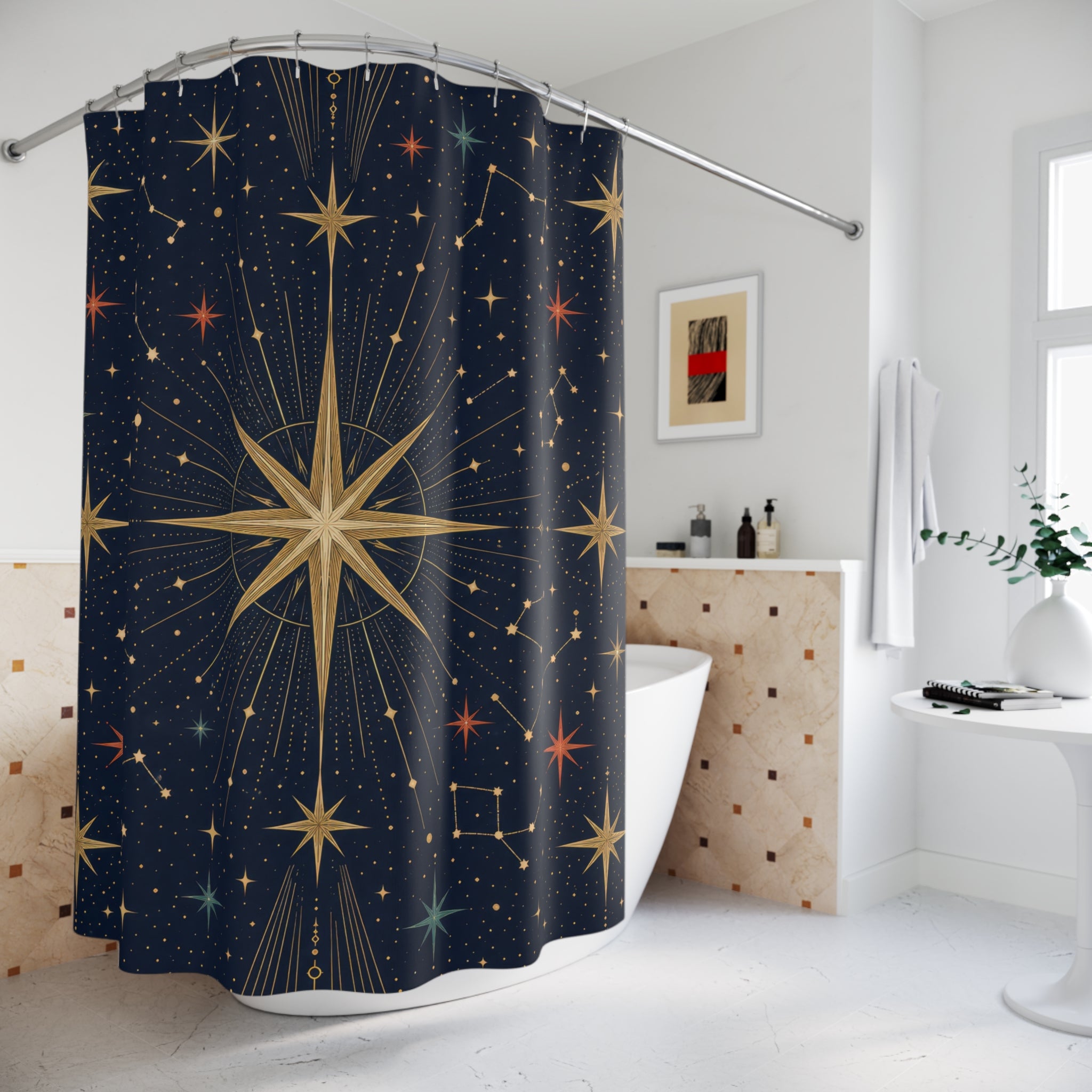 Star Shower Curtain, Art Deco Celestial Constellation Pattern