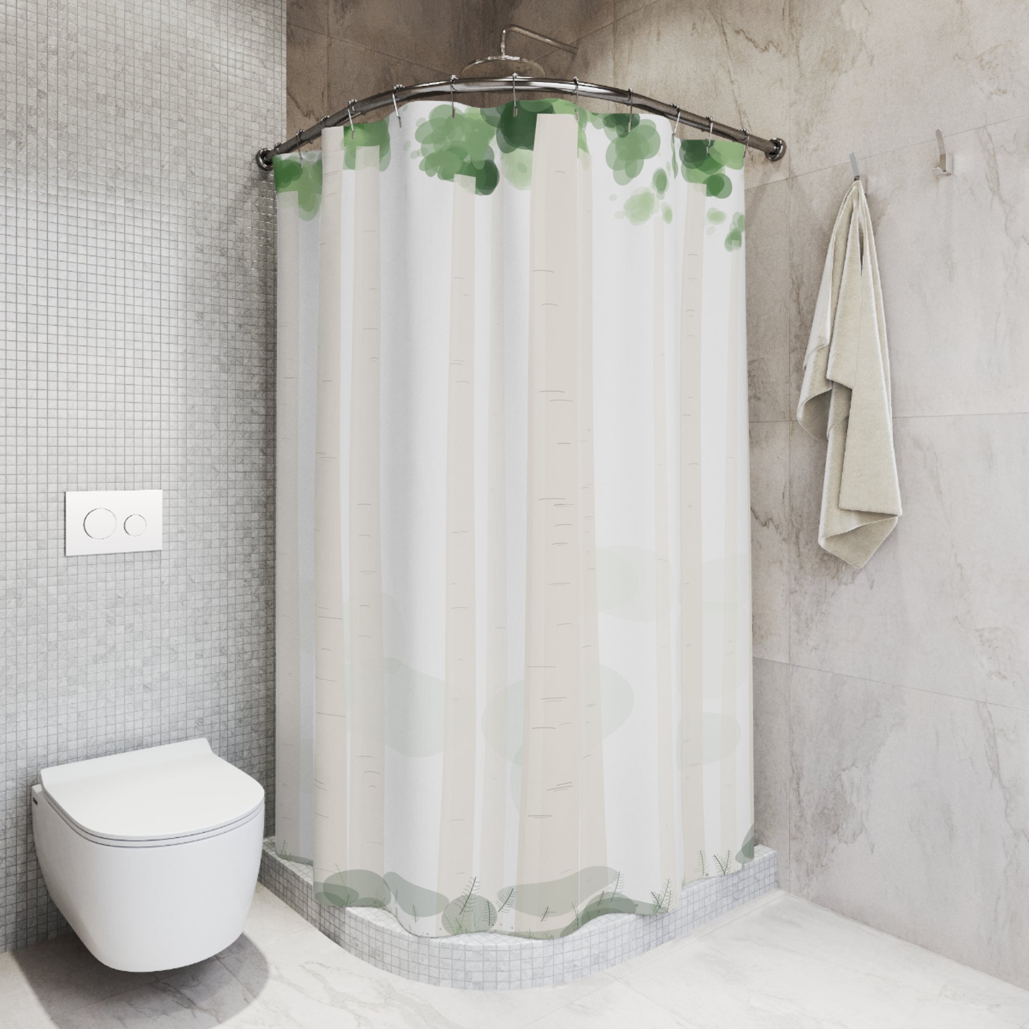 Birch Tree Watercolor Shower Curtain – Green and White