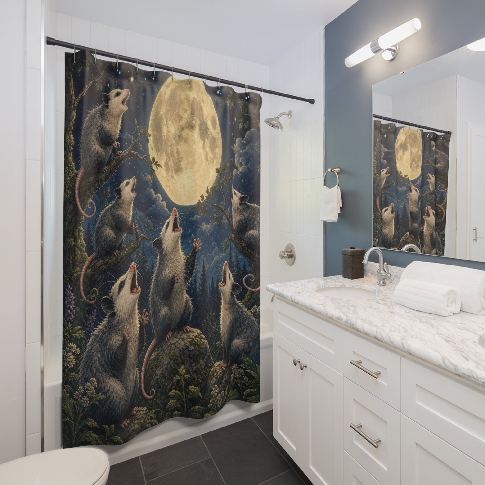 Unique Funny Possum Shower Curtain, Full Moon Opossum Animal Art, Dark Woodland Bathroom Decor, Moonlit Wall Decor Guest Bath Gift For Home