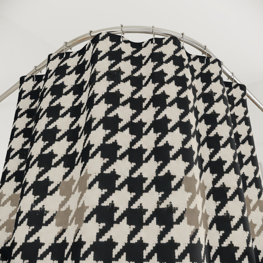 Black Houndstooth Shower Curtain, Classic Check Bath Decor, Warm Off White Geometric Pattern, Modern Neutral Guest Bathroom Style Decor