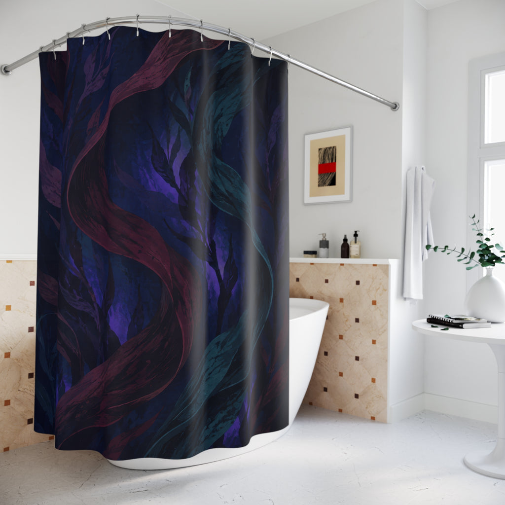 Burgundy and violet kelp ribbons on a blue-black ocean field shower curtain beside a freestanding tub