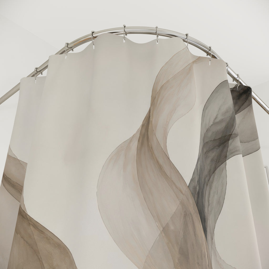 Flowing taupe mushroom and charcoal translucent ribbons shower curtain with close-up print, hooks, and folds