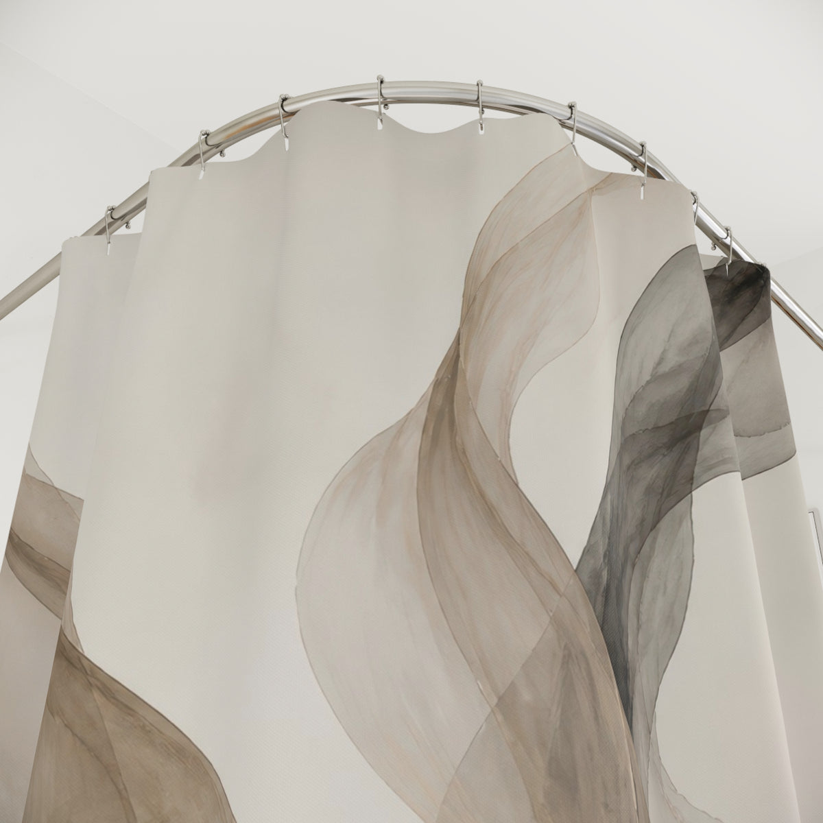 Flowing taupe mushroom and charcoal translucent ribbons shower curtain with close-up print, hooks, and folds