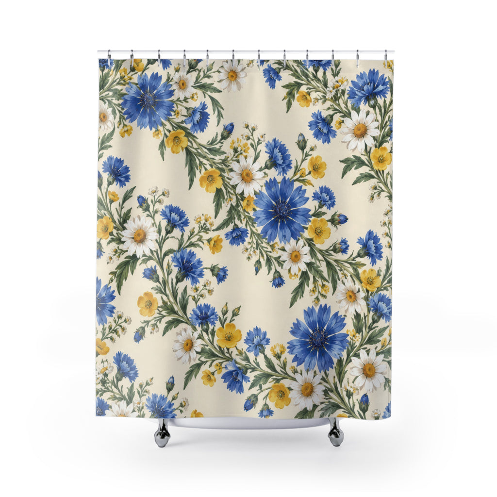 Blue cornflowers, white daisies and yellow buttercup garlands shower curtain with full front view