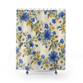 Blue cornflowers, white daisies and yellow buttercup garlands shower curtain with full front view