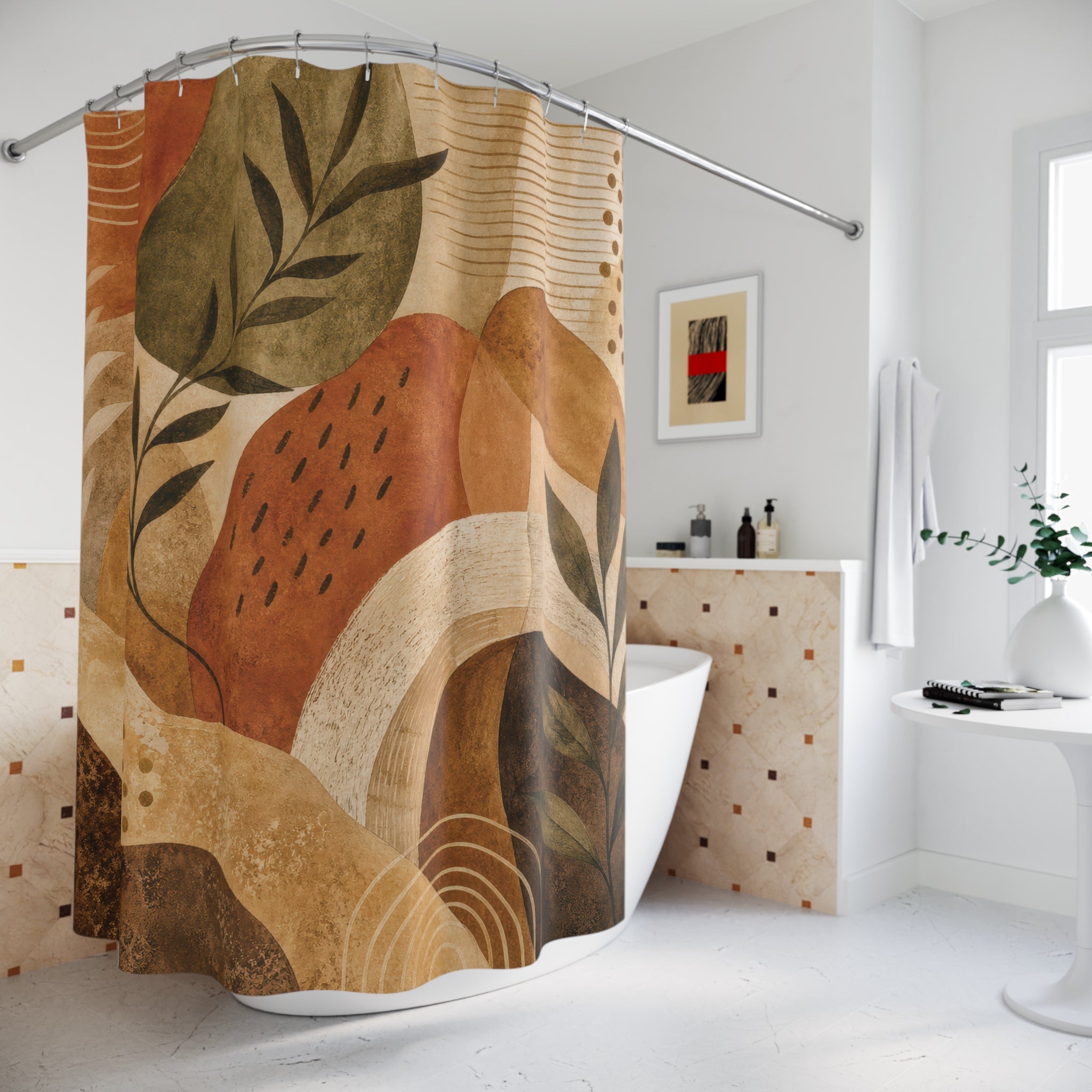 Earthy Shower Curtain: Terracotta Abstract Botanical Pattern