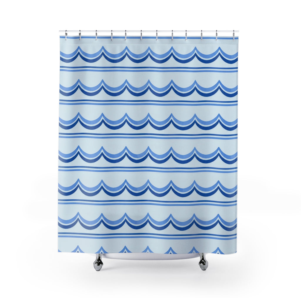Cornflower and cobalt scallop bands on pale blue shower curtain with full front view