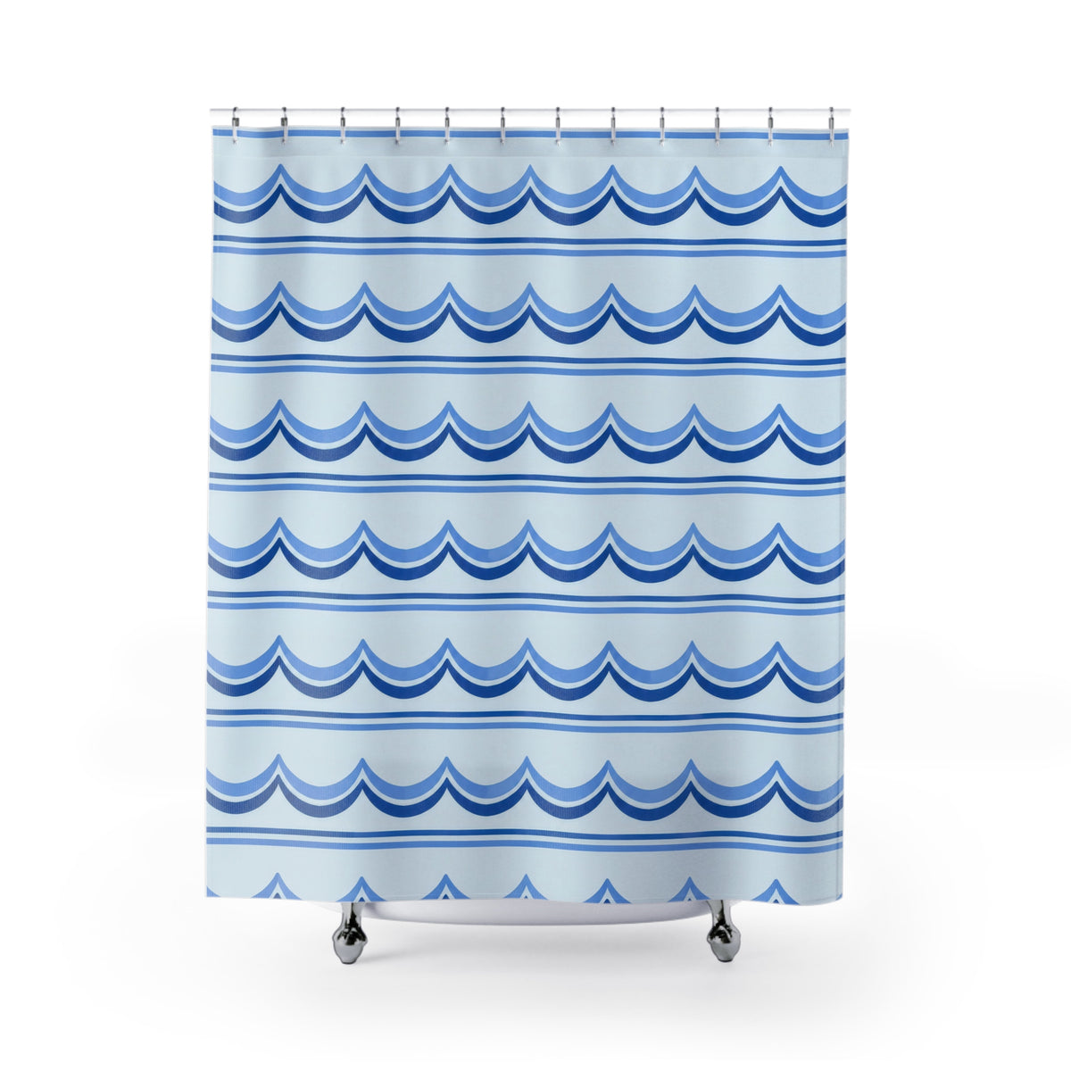 Cornflower and cobalt scallop bands on pale blue shower curtain with full front view
