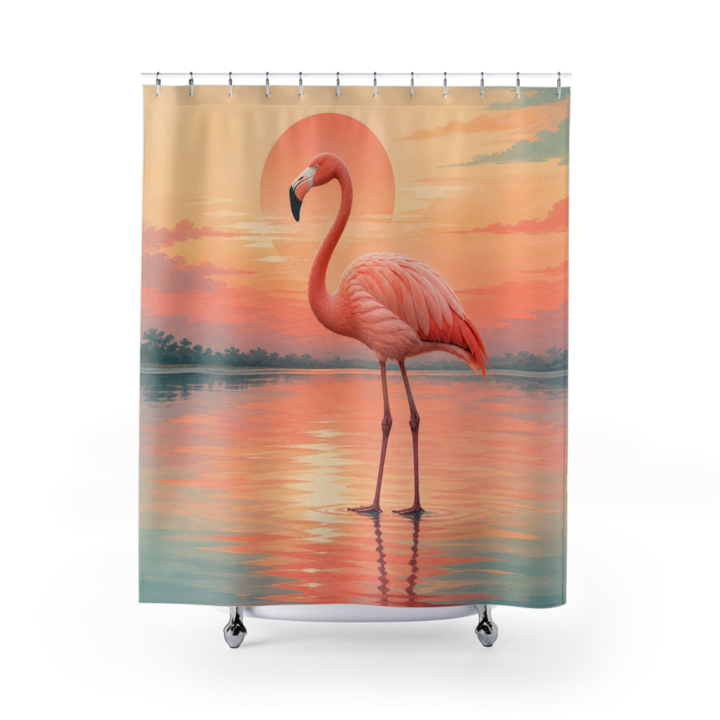 Coral flamingo standing in a teal sunrise lagoon shower curtain with full front view