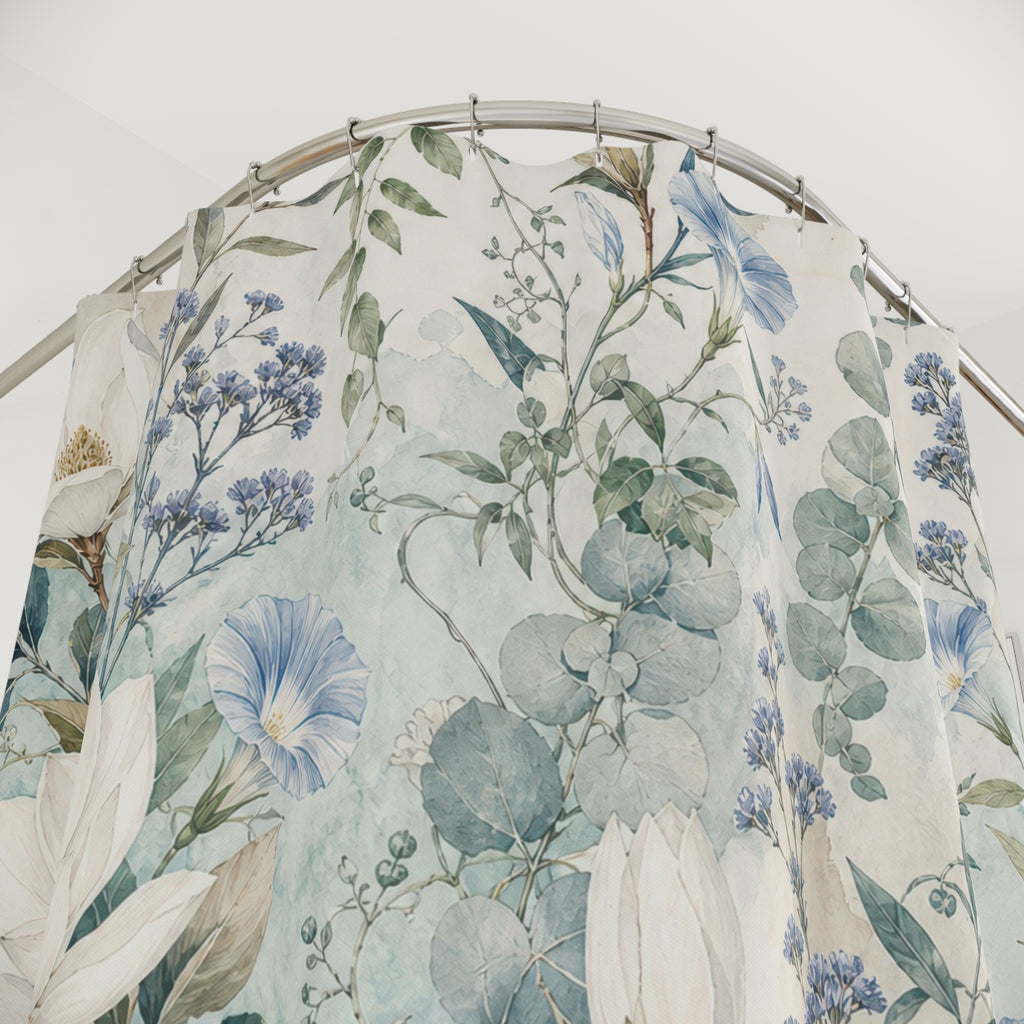 White Magnolia Floral Botanical Blue Vintage Shower Curtain