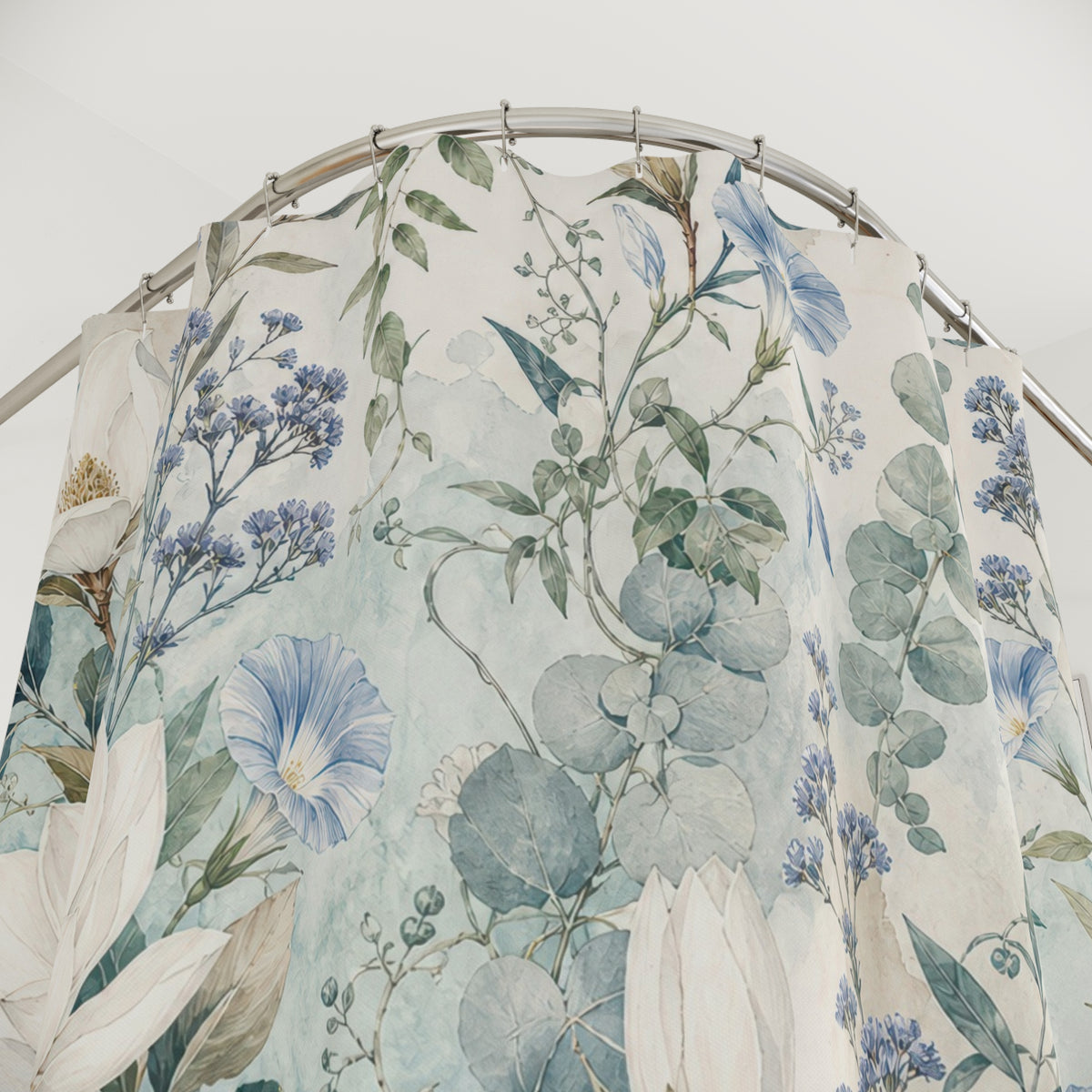 White Magnolia Floral Botanical Blue Vintage Shower Curtain