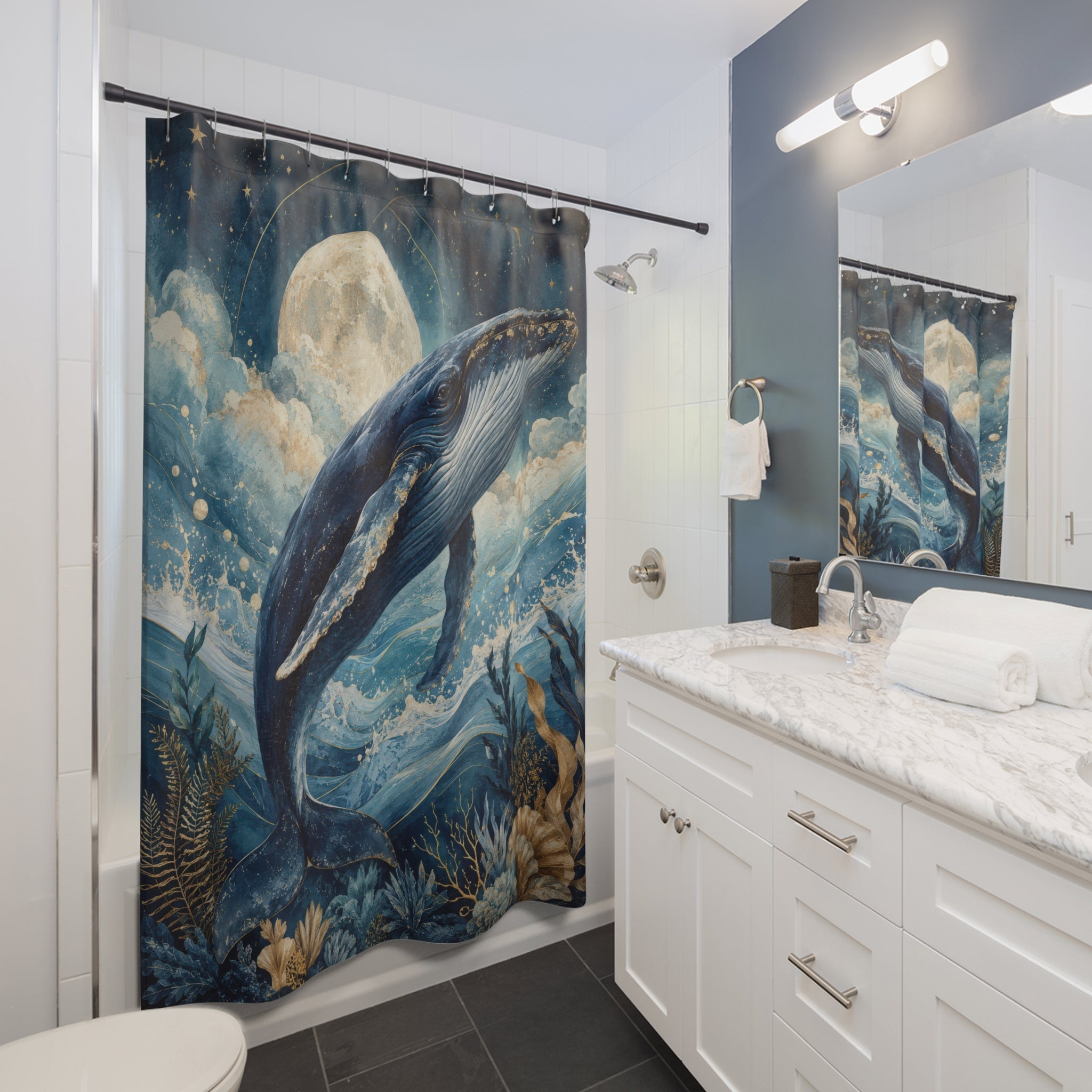 Whale Shower Curtain: Navy Blue Celestial Ocean