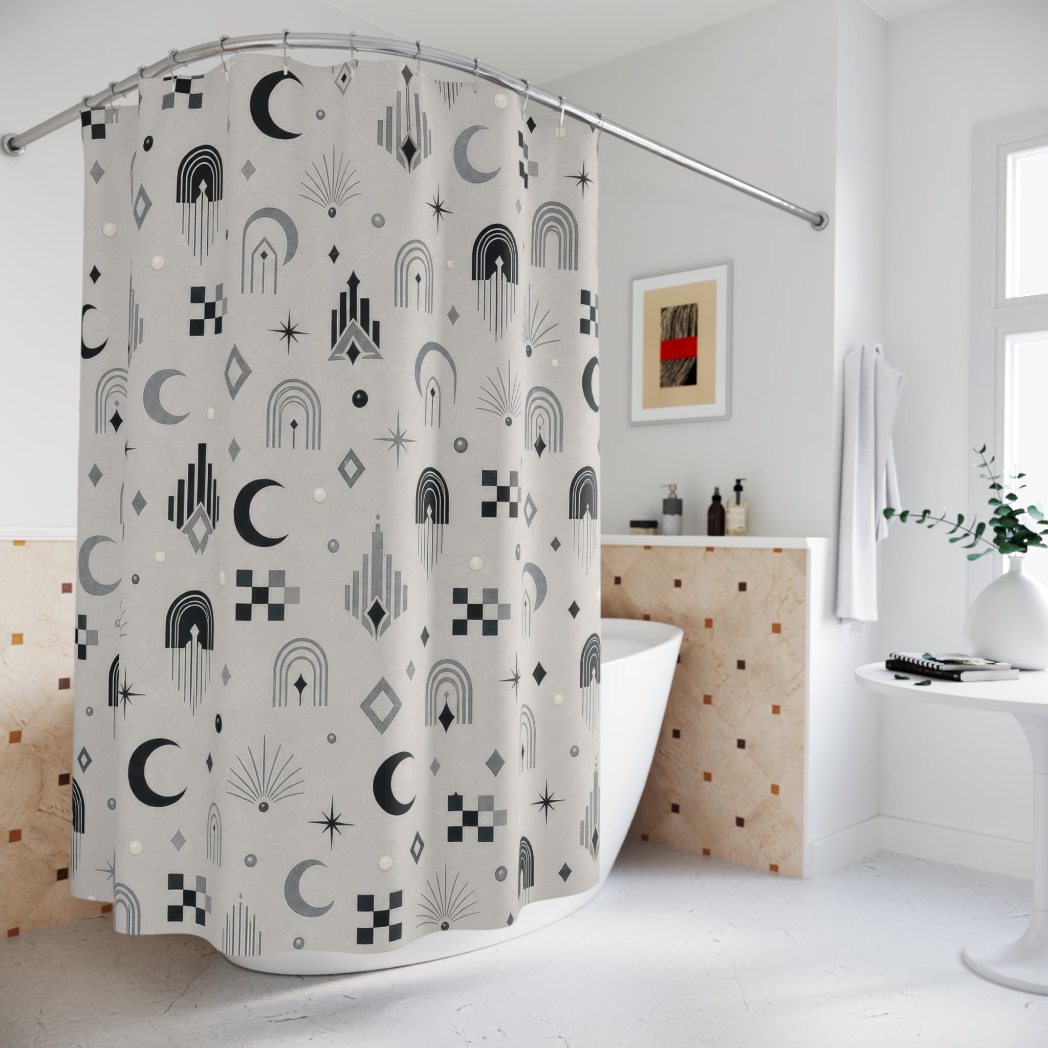 Deco Black Silver Geometric Shower Curtain