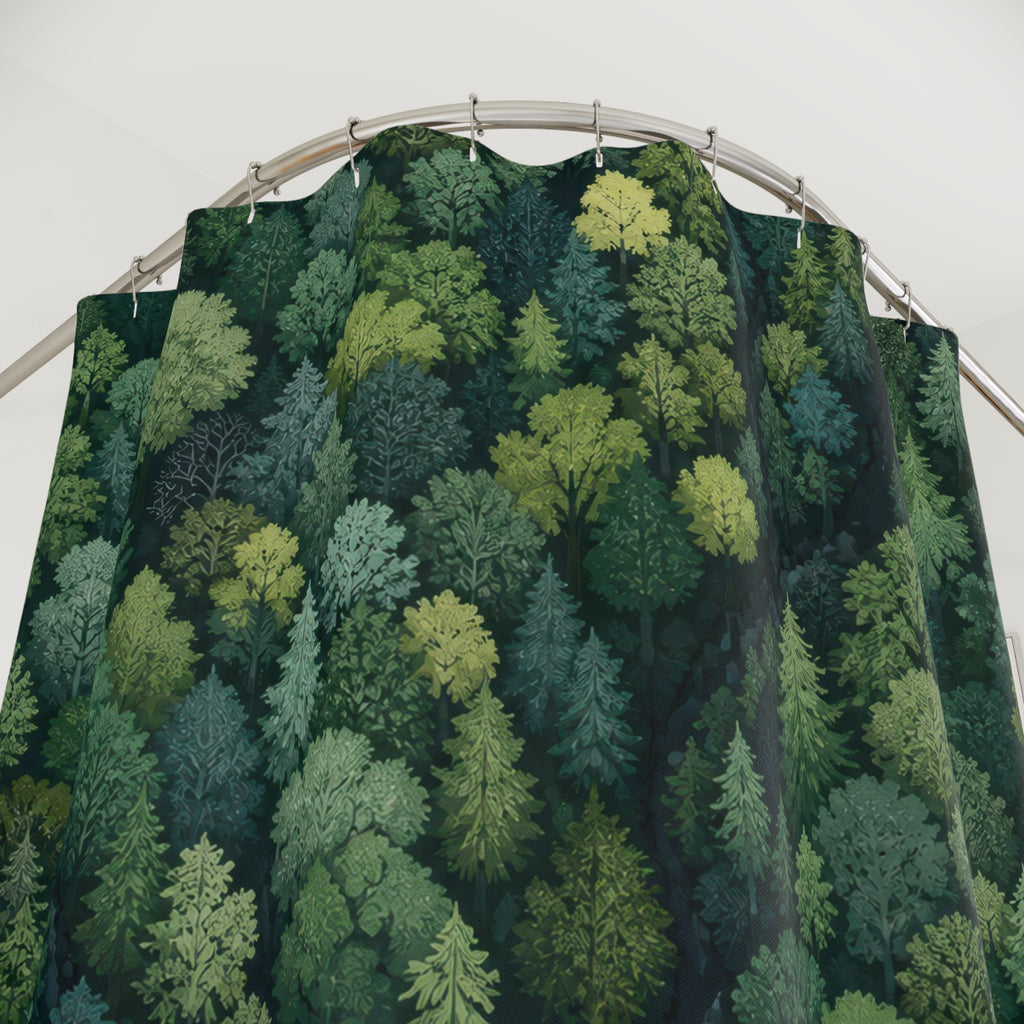 Aerial view of a dense mixed green forest canopy shower curtain with close-up print, hooks, and folds