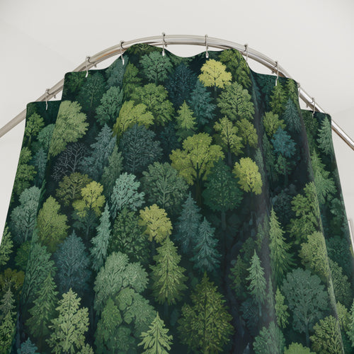 Aerial view of a dense mixed green forest canopy shower curtain with close-up print, hooks, and folds