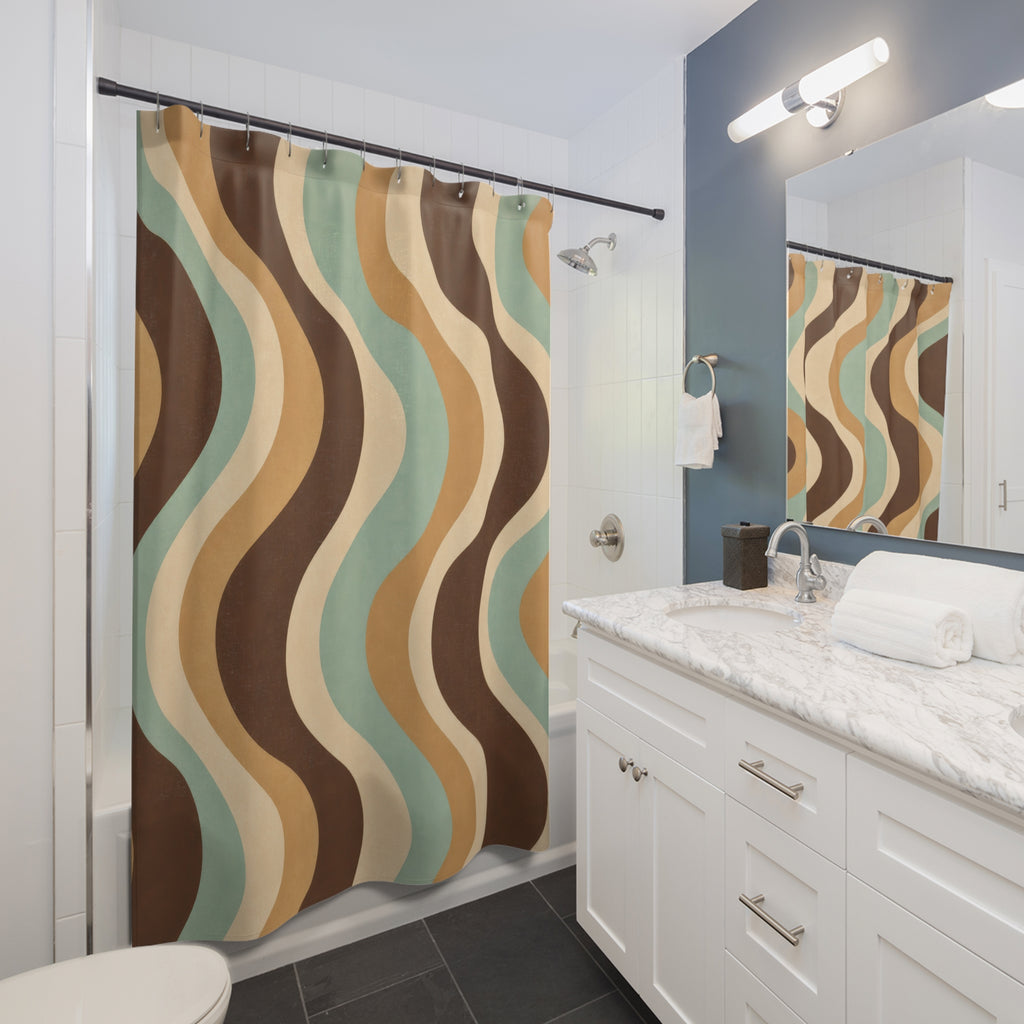 Retro Shower Curtain, Brown Teal Wavy Stripe Pattern, 70s Earth Tone Bathroom Decor, Groovy Guest Bath Wall Gift Idea For Home Style