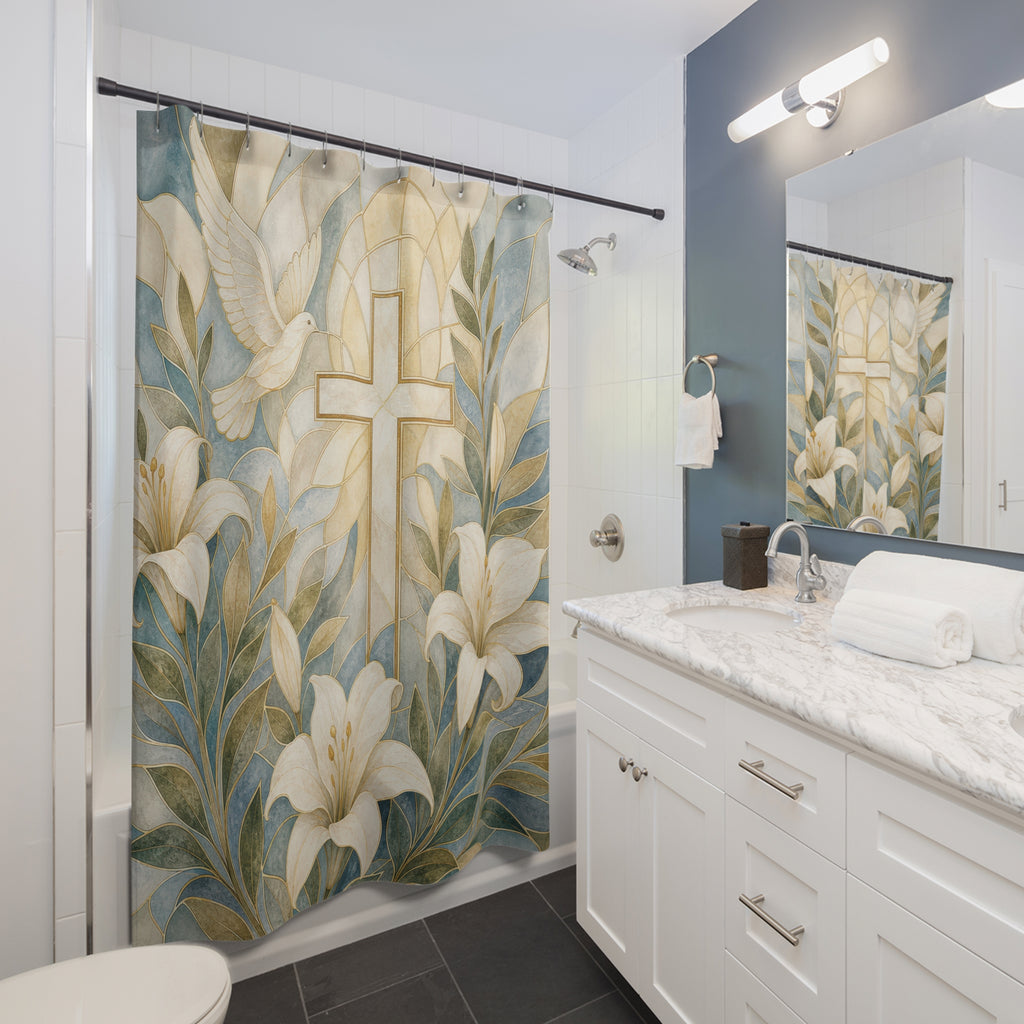 Christian Shower Curtain, Gold Cross White Lily Scene, Religious Bathroom Decor, Peaceful Guest Bath Faith Floral Style Art