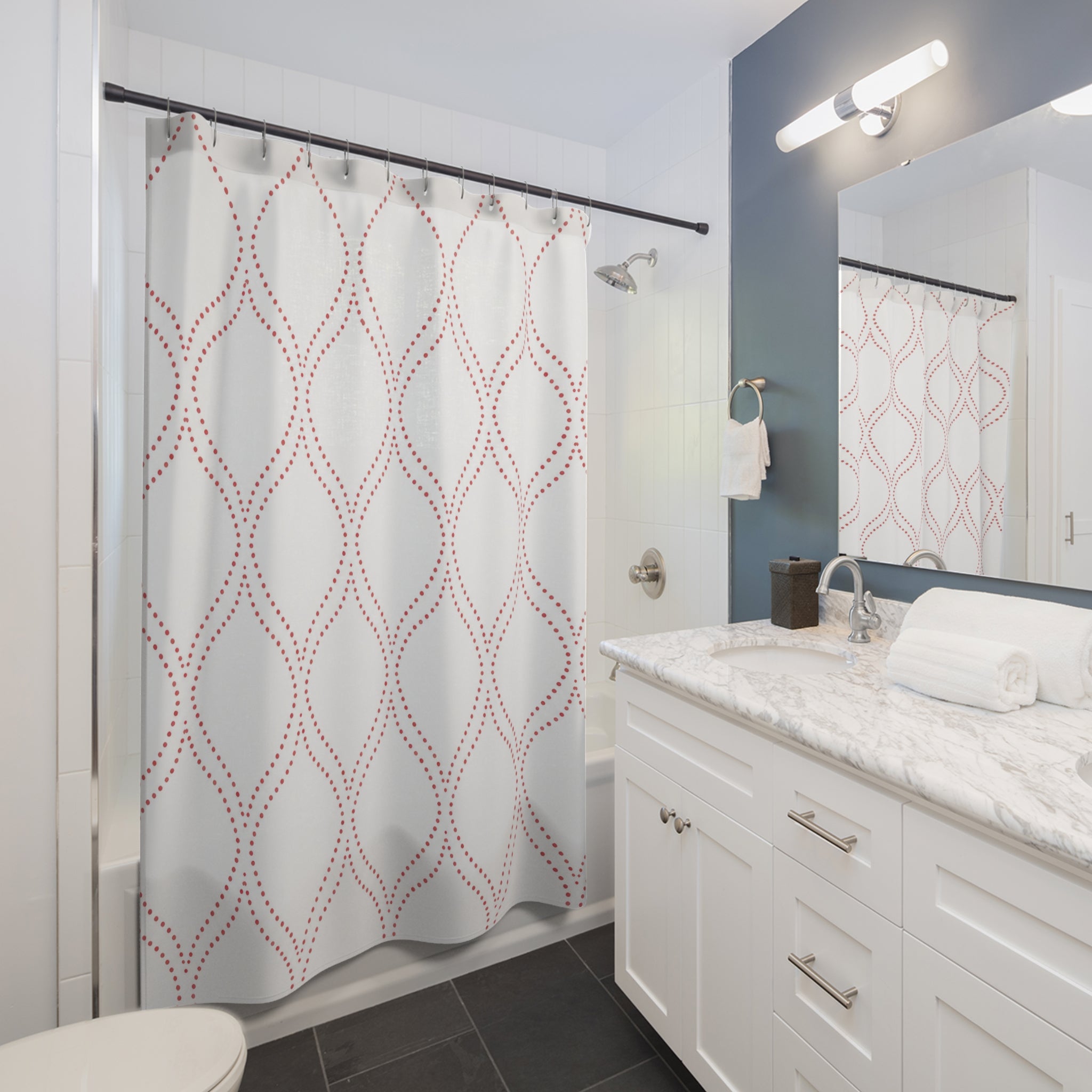 Red Trellis Shower Curtain, Soft Ogee Lattice Pattern, Red White Geometric Bath Decor, Elegant Classic Guest Bathroom Accent, Airy Style