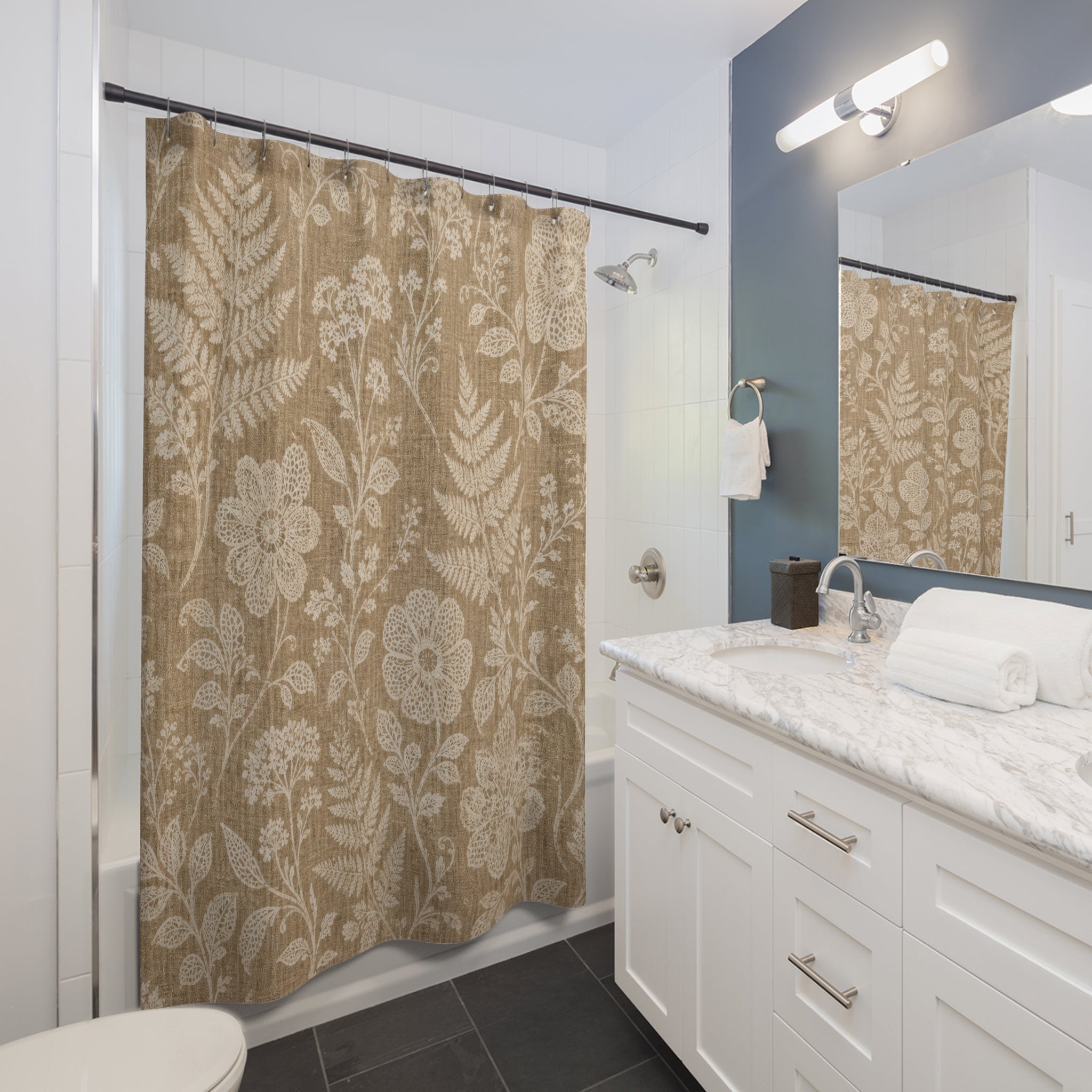 Beige Lace Botanical Shower Curtain