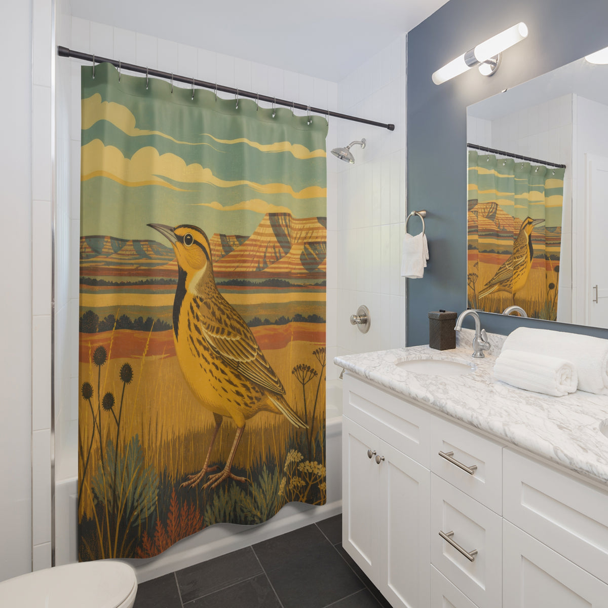 Golden yellow meadow bird before layered hills shower curtain beside a white vanity